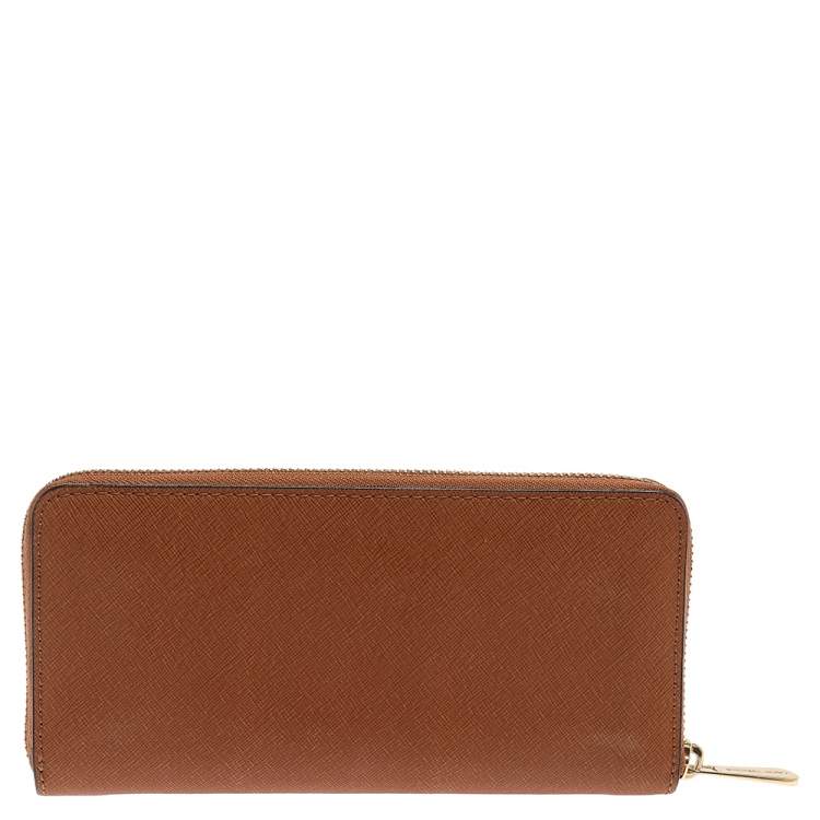 Pre Owned Michael Kors Tan Saffiano Leather Travel Zip Around Continental Wallet