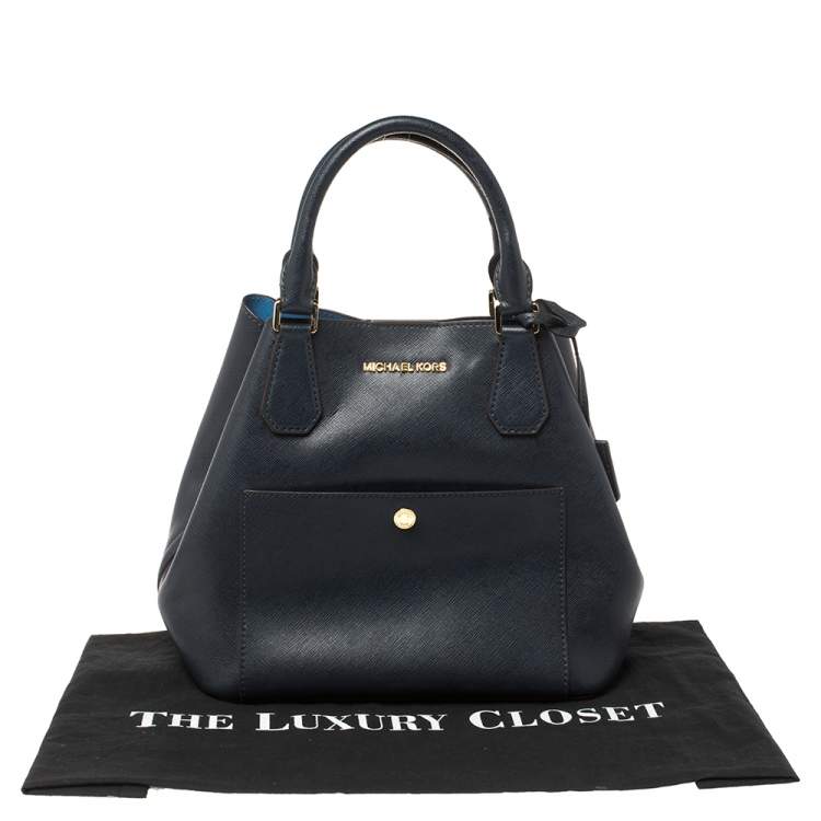 Pre Owned Michael Kors Navy Blue Leather Front Pocket Tote