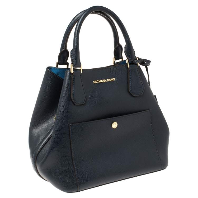 Pre Owned Michael Kors Navy Blue Leather Front Pocket Tote