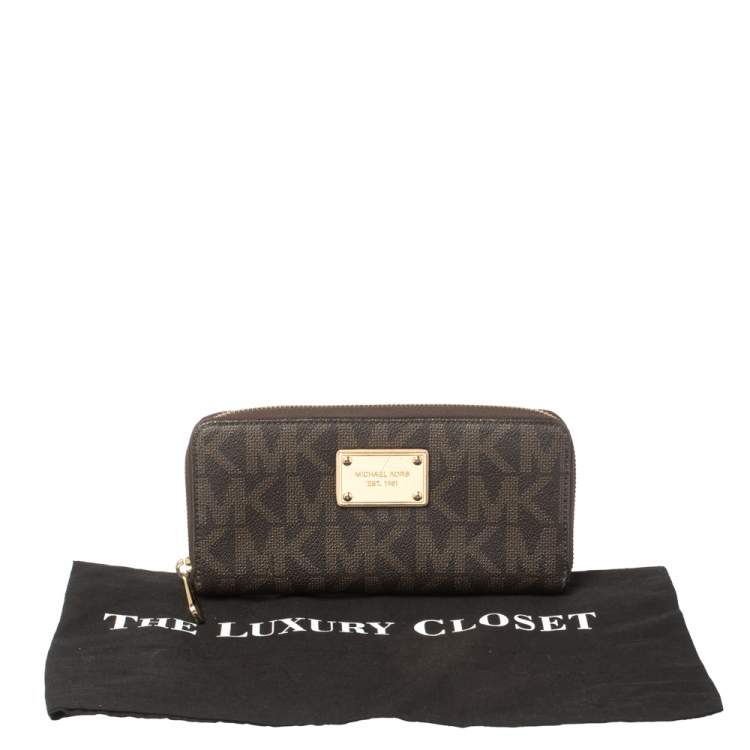 Pre Owned Michael Kors Brown Monogram Coated Canvas Zip Around Wallet