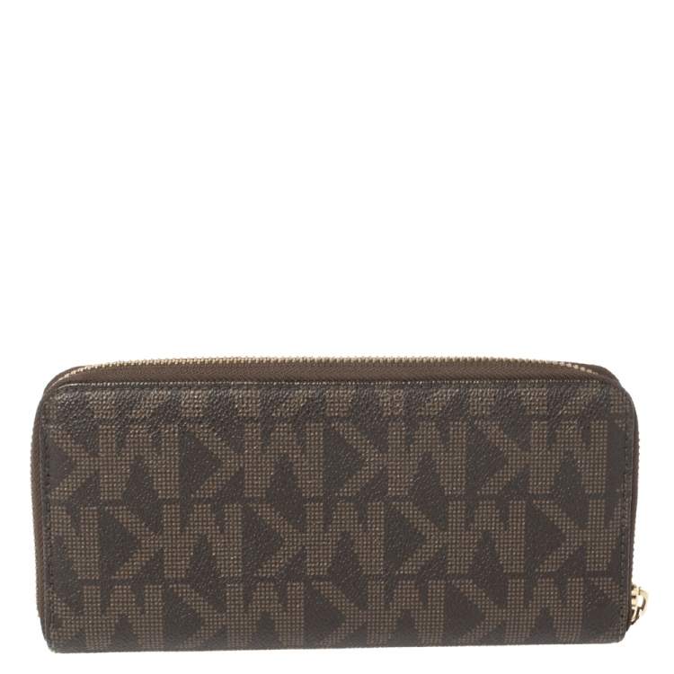 Pre Owned Michael Kors Brown Monogram Coated Canvas Zip Around Wallet