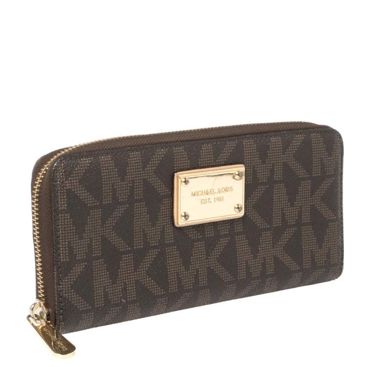 Pre Owned Michael Kors Brown Monogram Coated Canvas Zip Around Wallet