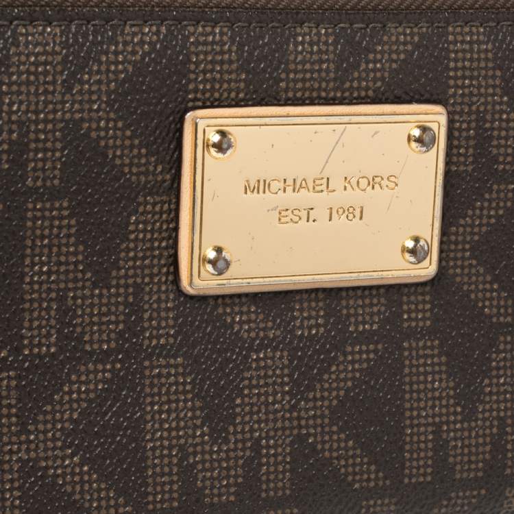 Pre Owned Michael Kors Brown Monogram Coated Canvas Zip Around Wallet