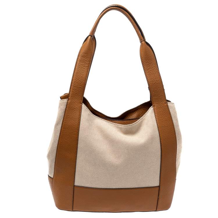 Pre Owned Michael Kors Brown/Beige Canvas and Leather Marlon Tote