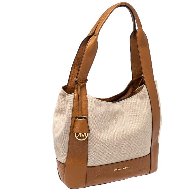 Pre Owned Michael Kors Brown/Beige Canvas and Leather Marlon Tote