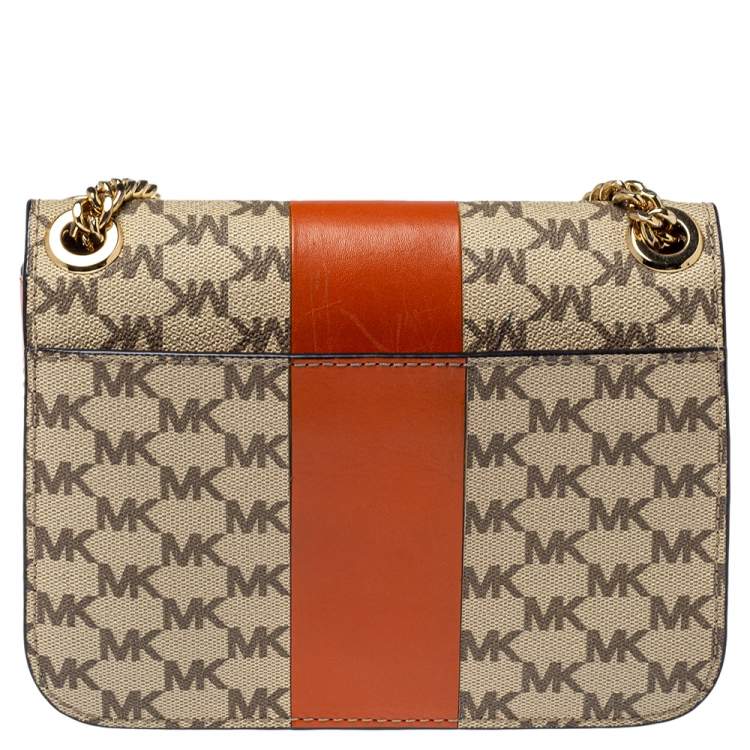 Pre Owned Michael Kors Beige/Tan Signature Coated Canvas and Leather Medium Sloan Editor Chain Bag