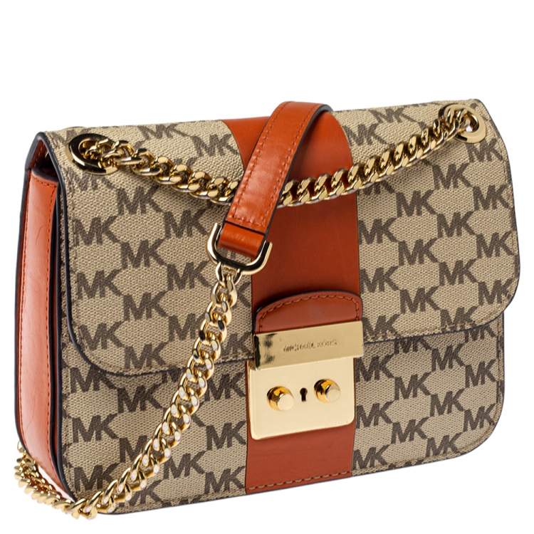 Pre Owned Michael Kors Beige/Tan Signature Coated Canvas and Leather Medium Sloan Editor Chain Bag