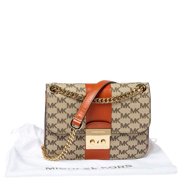 Pre Owned Michael Kors Beige/Tan Signature Coated Canvas and Leather Medium Sloan Editor Chain Bag