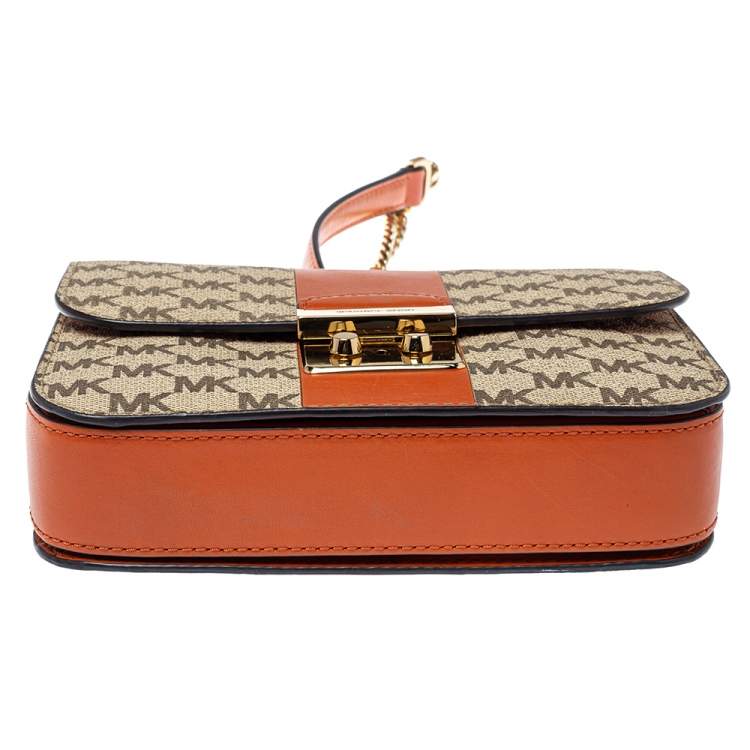 Pre Owned Michael Kors Beige/Tan Signature Coated Canvas and Leather Medium Sloan Editor Chain Bag