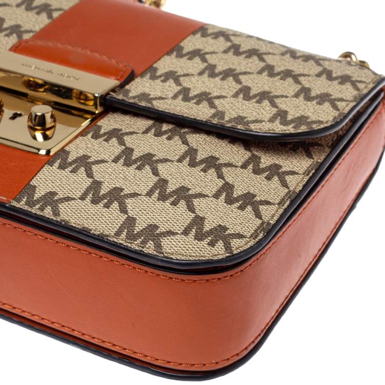 Pre Owned Michael Kors Beige/Tan Signature Coated Canvas and Leather Medium Sloan Editor Chain Bag