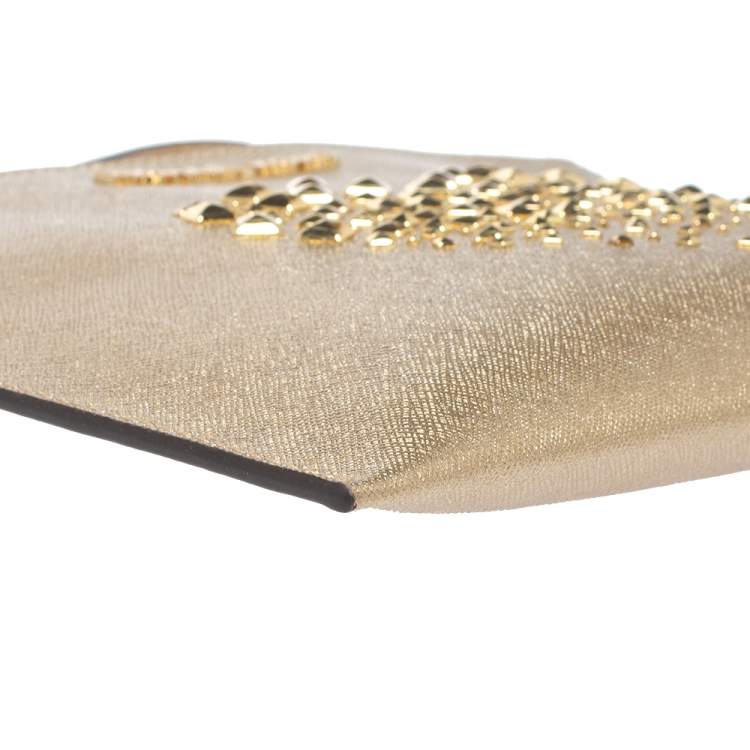 Pre Owned Michael Kors Metallic Gold Leather Heart Studded Wristlet Clutch               