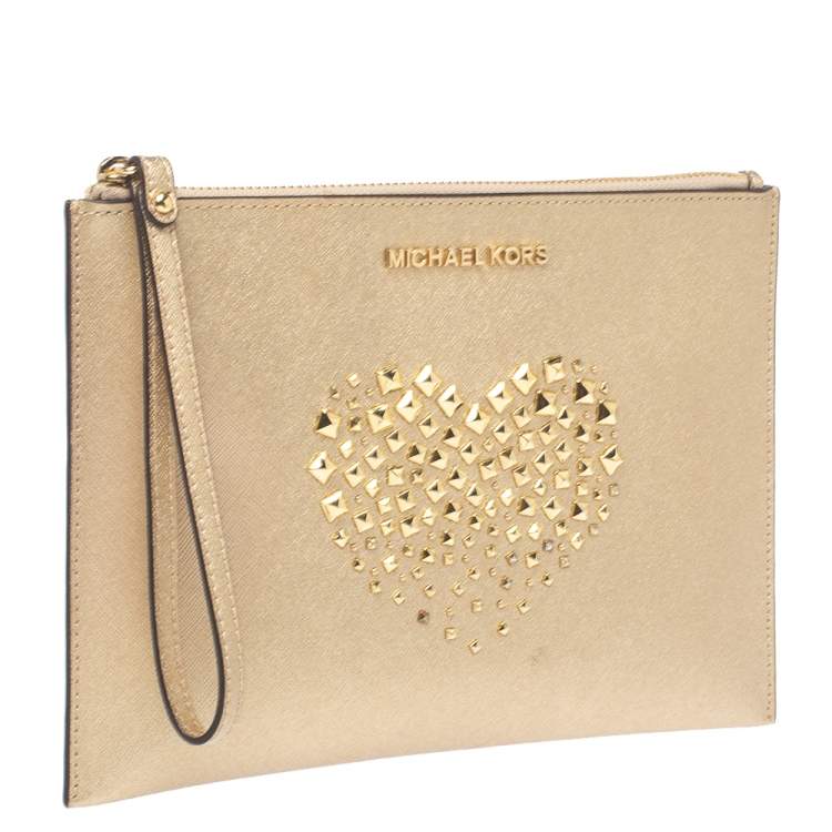 Pre Owned Michael Kors Metallic Gold Leather Heart Studded Wristlet Clutch               