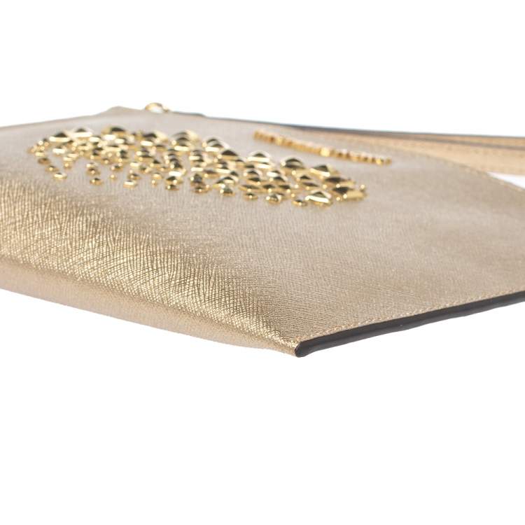 Pre Owned Michael Kors Metallic Gold Leather Heart Studded Wristlet Clutch               