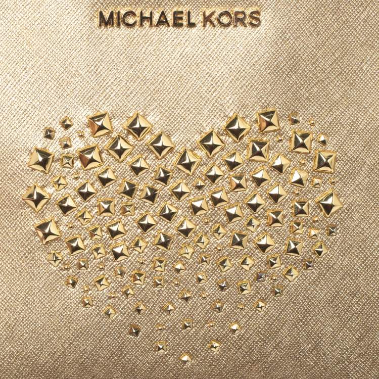 Pre Owned Michael Kors Metallic Gold Leather Heart Studded Wristlet Clutch               
