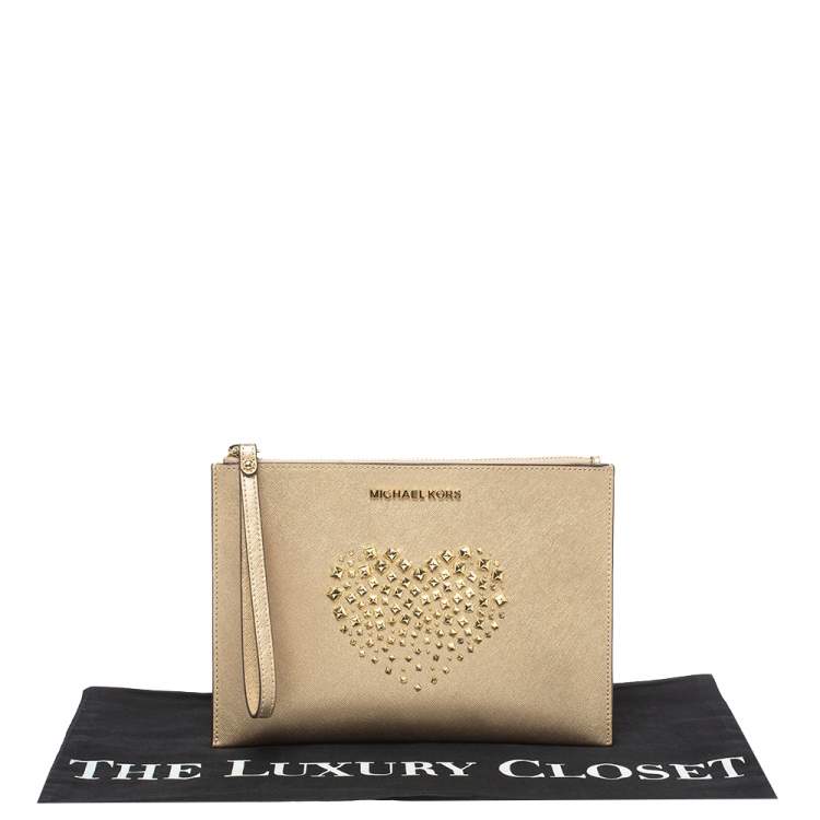Pre Owned Michael Kors Metallic Gold Leather Heart Studded Wristlet Clutch               