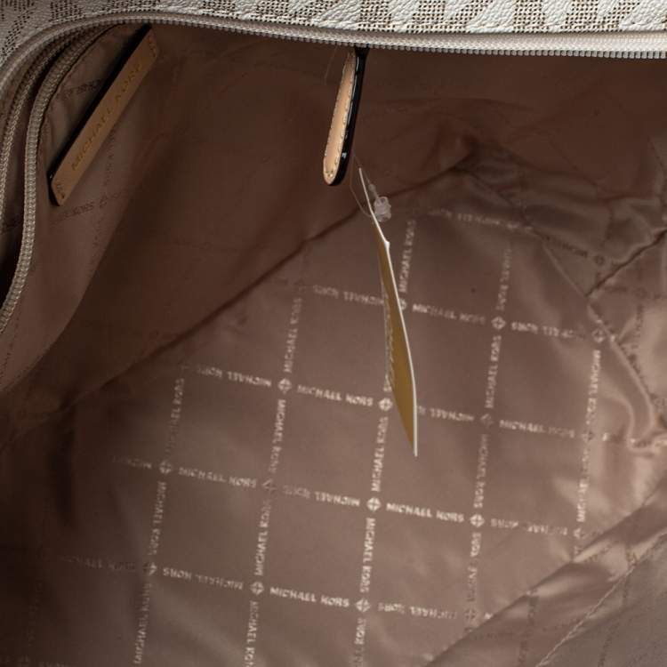 Pre Owned Michael Kors White/Beige Coated Canvas and Leather Medium Jet Set Tote