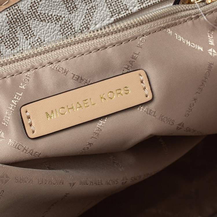 Pre Owned Michael Kors White/Beige Coated Canvas and Leather Medium Jet Set Tote