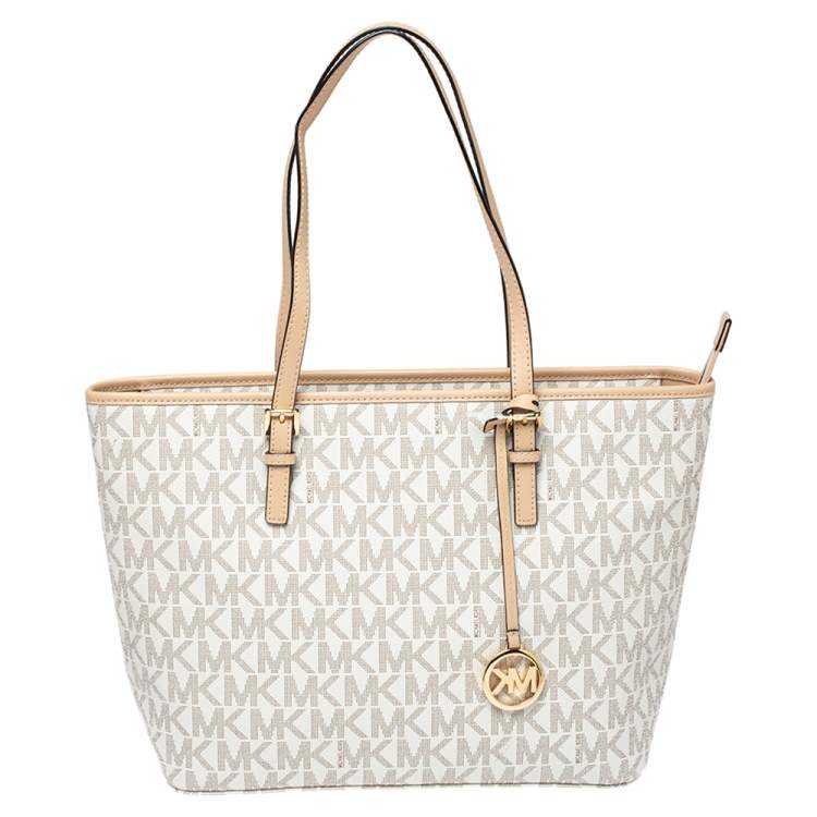 Michael Kors White Beige Coated Canvas and Leather Medium Jet Set Tote