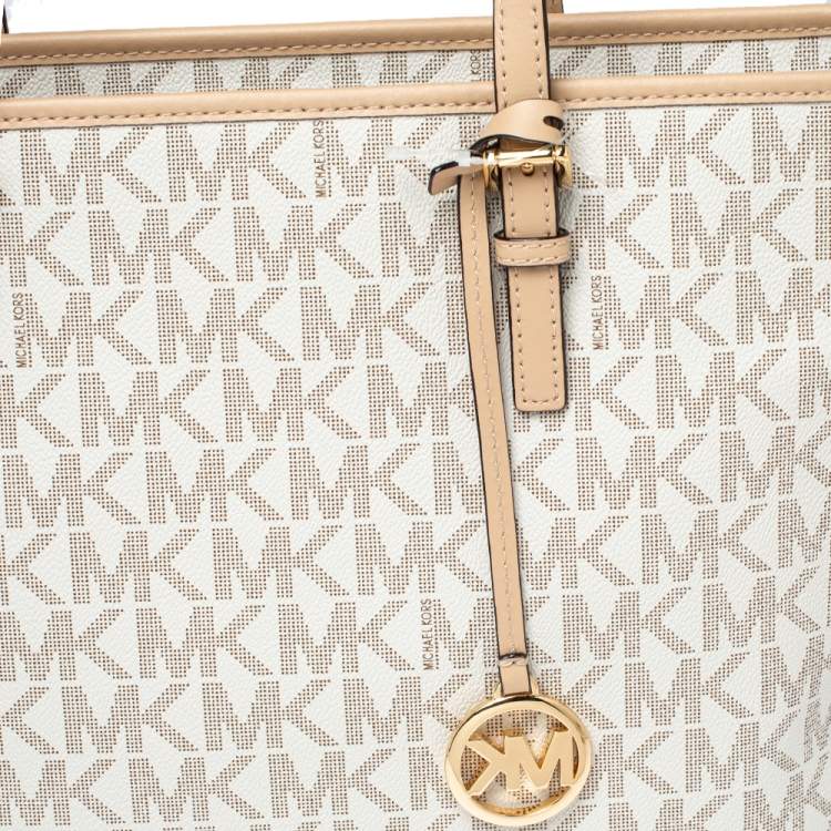 Pre Owned Michael Kors White/Beige Coated Canvas and Leather Medium Jet Set Tote