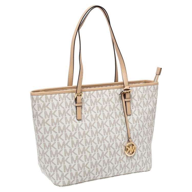 Pre Owned Michael Kors White/Beige Coated Canvas and Leather Medium Jet Set Tote