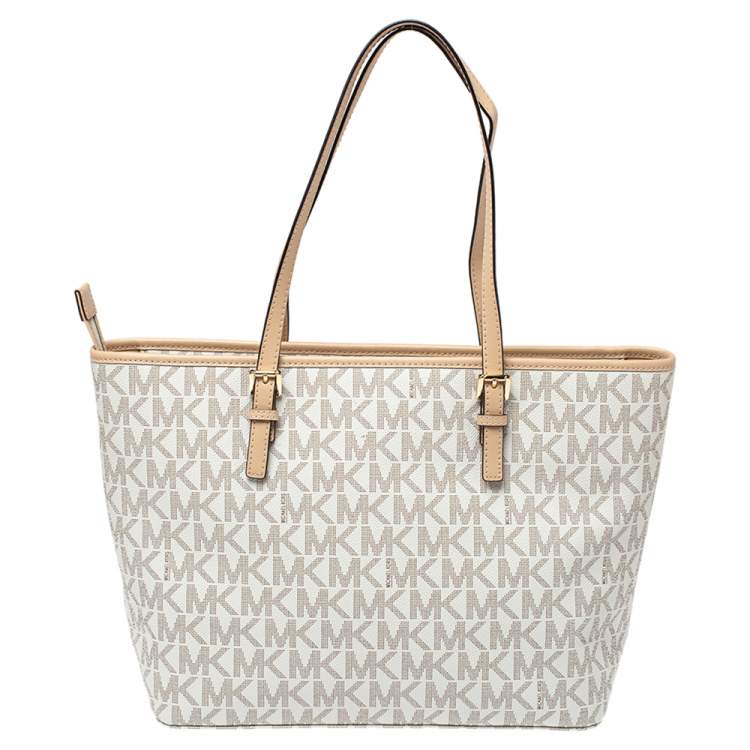 Pre Owned Michael Kors White/Beige Coated Canvas and Leather Medium Jet Set Tote