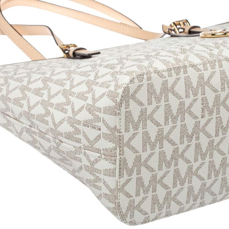 Pre Owned Michael Kors White/Beige Coated Canvas and Leather Medium Jet Set Tote
