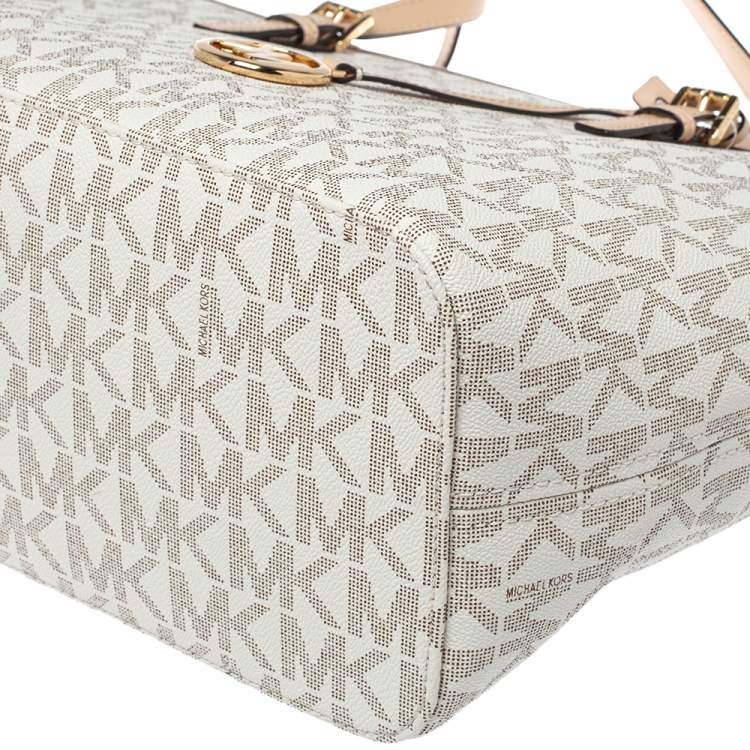 Pre Owned Michael Kors White/Beige Coated Canvas and Leather Medium Jet Set Tote