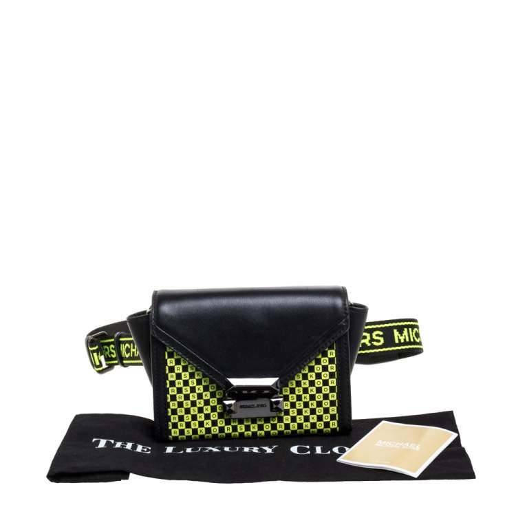 Pre Owned Michael Kors Black/Neon Green Leather Mini Whitney Checkerboard Belt Bag