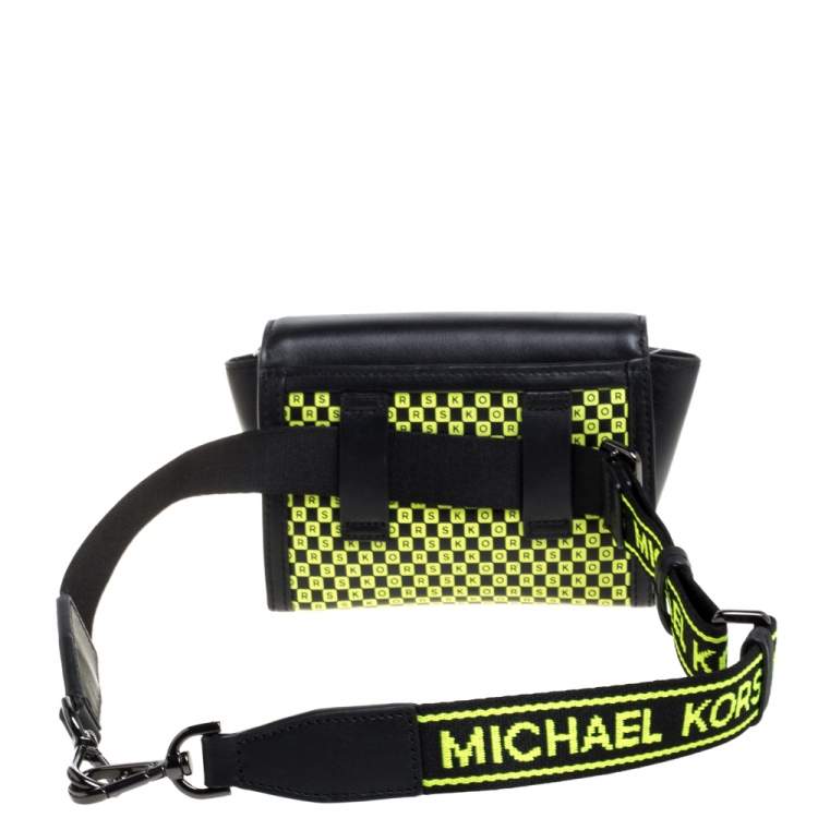 Pre Owned Michael Kors Black/Neon Green Leather Mini Whitney Checkerboard Belt Bag