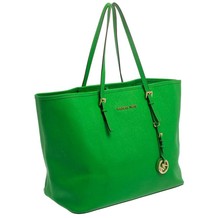Pre Owned Michael Kors Green Saffiano Leather Jet Set Travel Tote