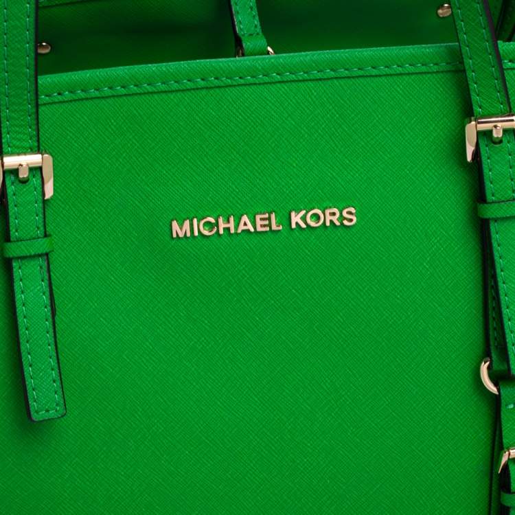 Pre Owned Michael Kors Green Saffiano Leather Jet Set Travel Tote