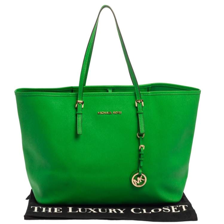 Pre Owned Michael Kors Green Saffiano Leather Jet Set Travel Tote
