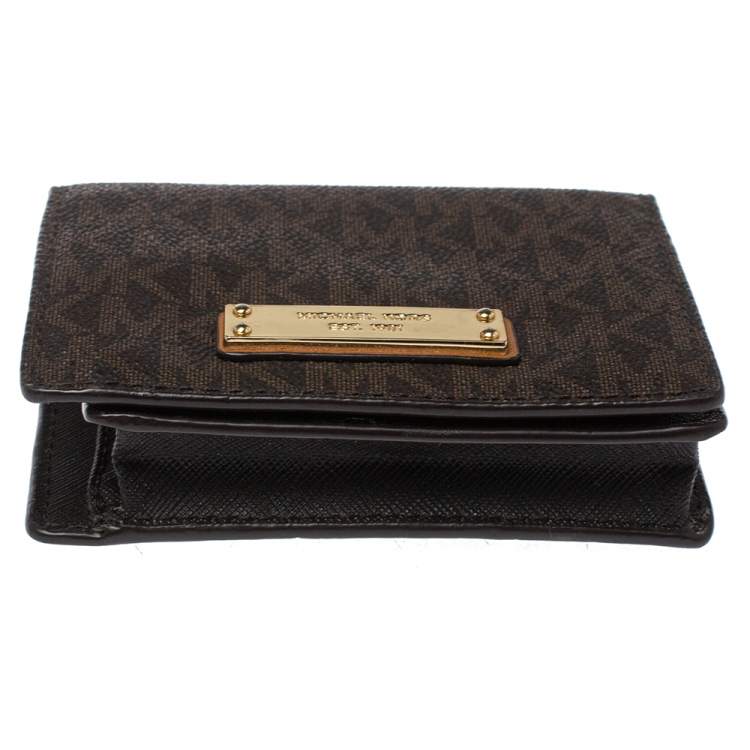 Pre Owned Michael Kors Brown Monogram Coated Canvas Jet Set Bifold Wallet 