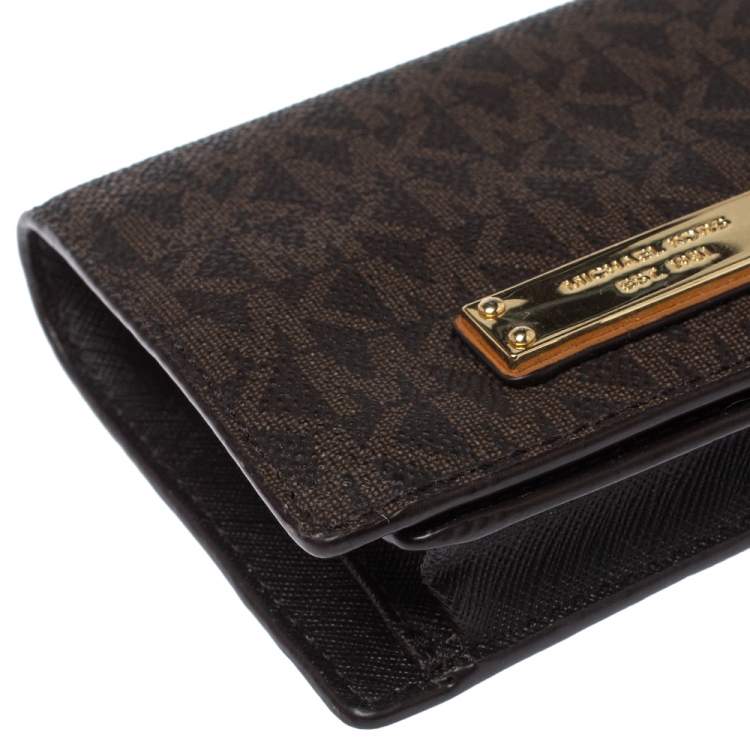 Pre Owned Michael Kors Brown Monogram Coated Canvas Jet Set Bifold Wallet 