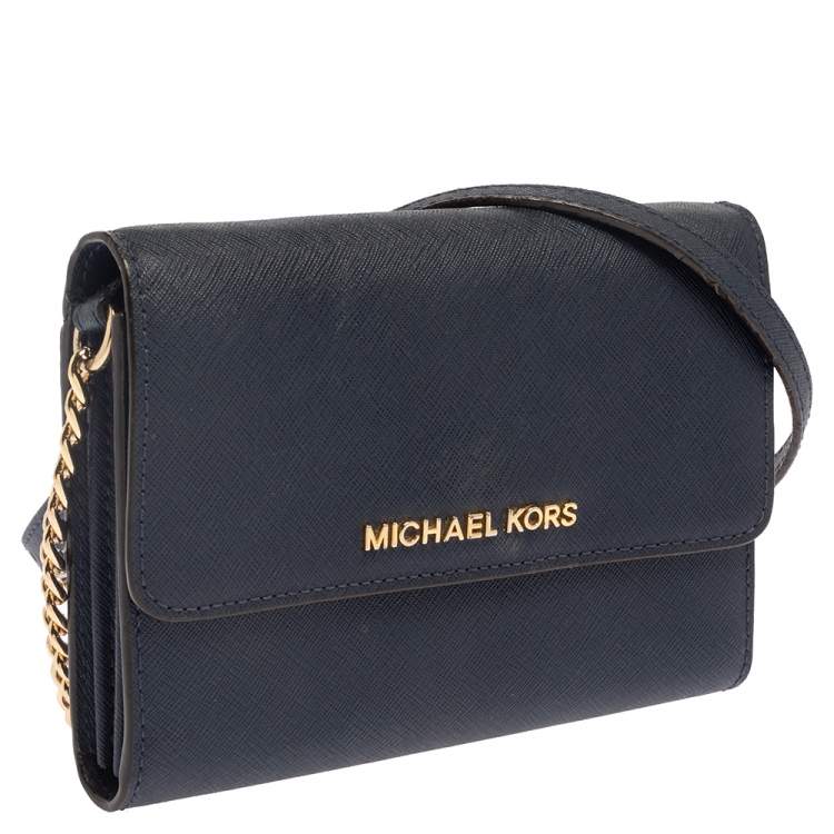 Pre Owned Michael Kors Navy Blue Leather Jet Set Crossbody Bag