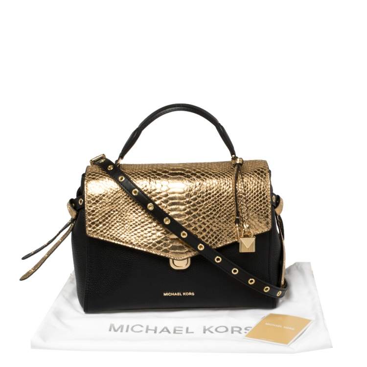 Pre Owned Michael Kors Black/Gold Leather and Snakeskin Embossed Leather Medium Bristol Top Handle Bag