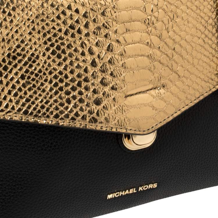 Pre Owned Michael Kors Black/Gold Leather and Snakeskin Embossed Leather Medium Bristol Top Handle Bag