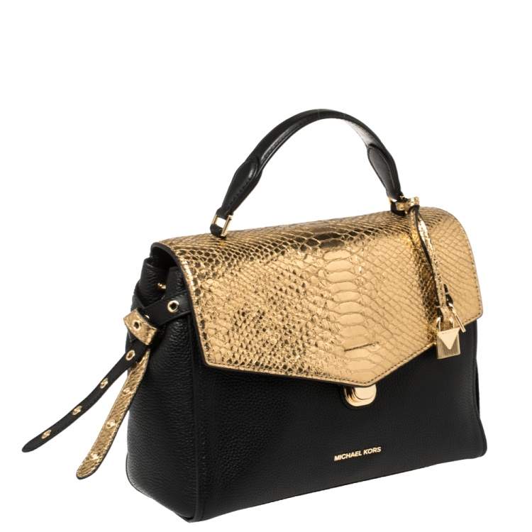 Pre Owned Michael Kors Black/Gold Leather and Snakeskin Embossed Leather Medium Bristol Top Handle Bag