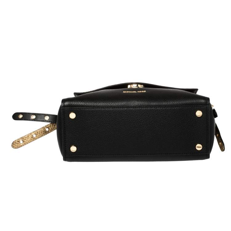 Pre Owned Michael Kors Black/Gold Leather and Snakeskin Embossed Leather Medium Bristol Top Handle Bag