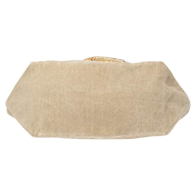 Pre Owned Michael Kors Beige/Gold Canvas and Croc Embossed Leather Tote