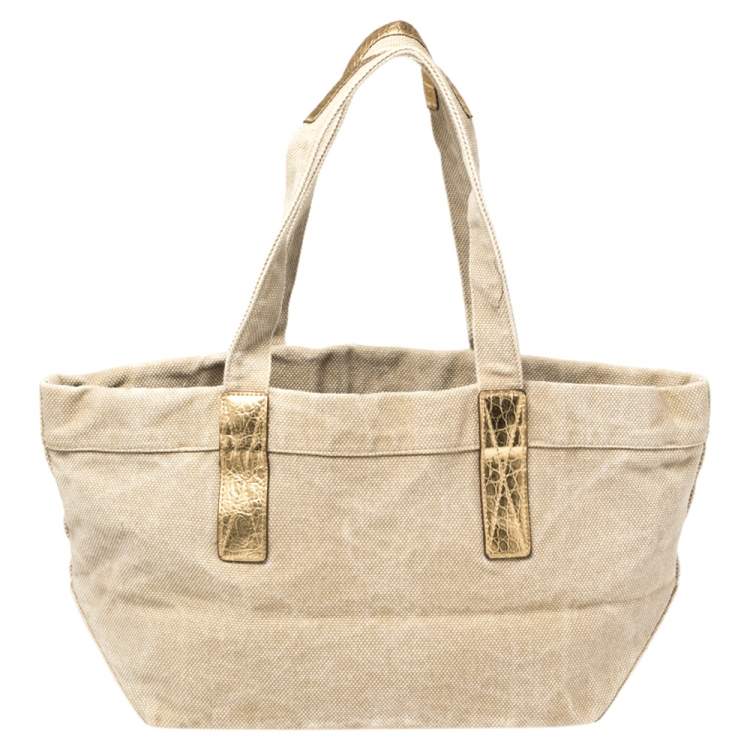 Pre Owned Michael Kors Beige/Gold Canvas and Croc Embossed Leather Tote