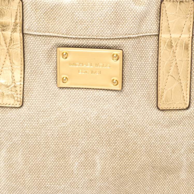 Pre Owned Michael Kors Beige/Gold Canvas and Croc Embossed Leather Tote