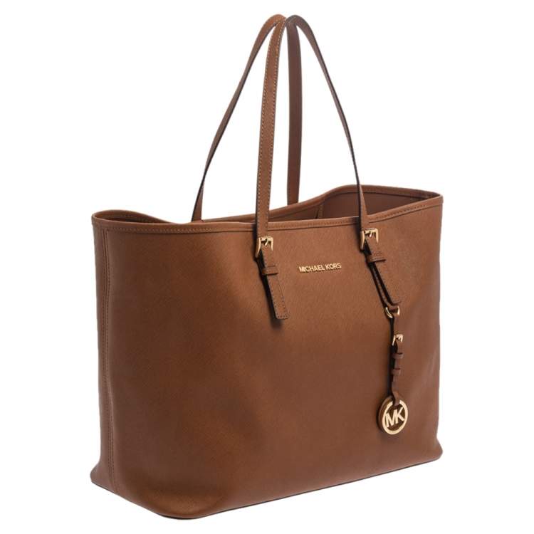 Pre Owned Michael Kors Brown Saffiano Leather Large Jet Set Travel Tote