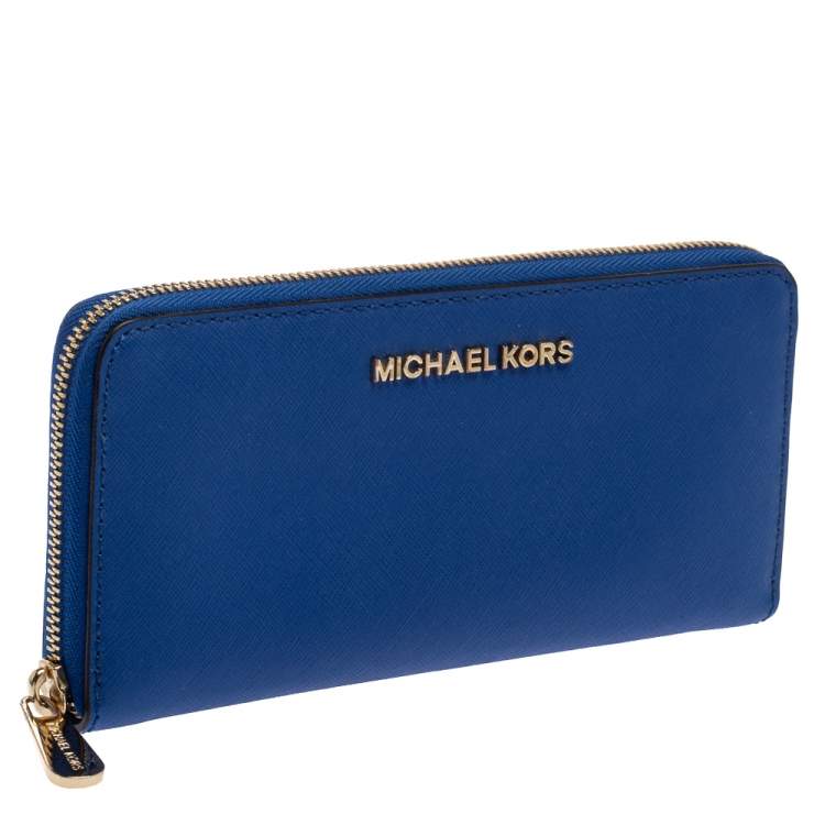 Pre Owned Michael Kors Blue Leather Jet Set Travel Zip Around Wallet