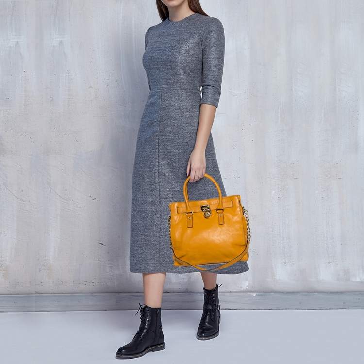 Pre Owned  Michael Kors Yellow Leather Large North South Hamilton Tote