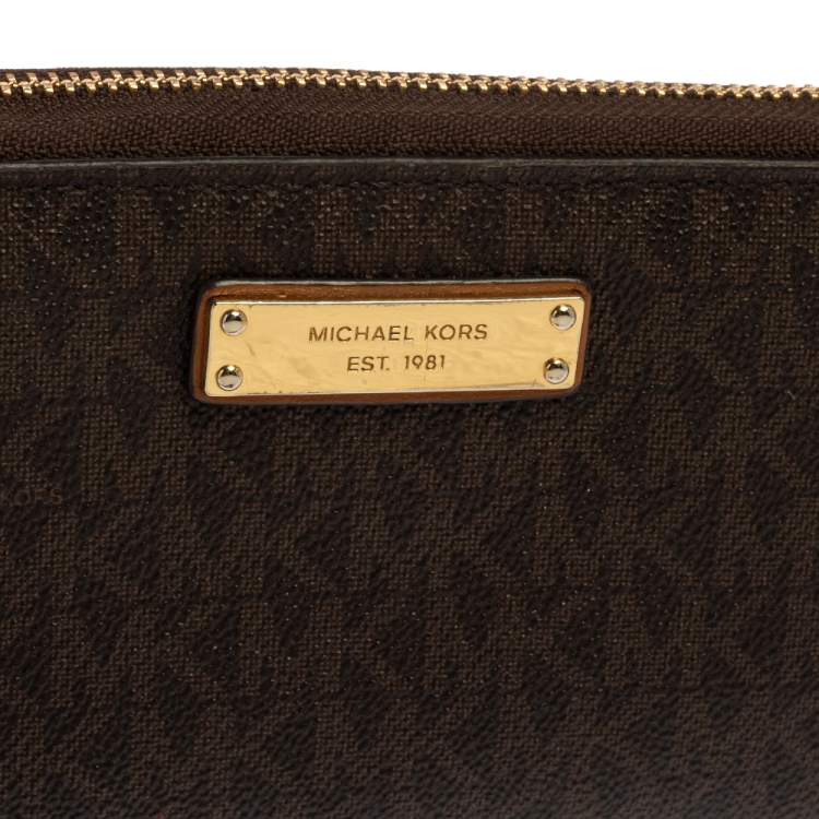 Pre Owned Michael Kors Brown Monogram Coated Canvas Zip Around Wristlet Wallet