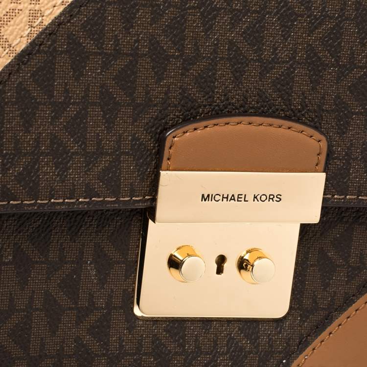 Pre Owned Michael Kors Brown Signature Coated Canvas and Leather Large Sloan Editor Shoulder Bag