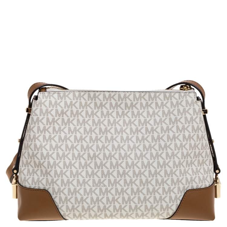 Pre Owned Michael Kors White Signature Coated Canvas and Leather Medium Crosby Messenger Bag