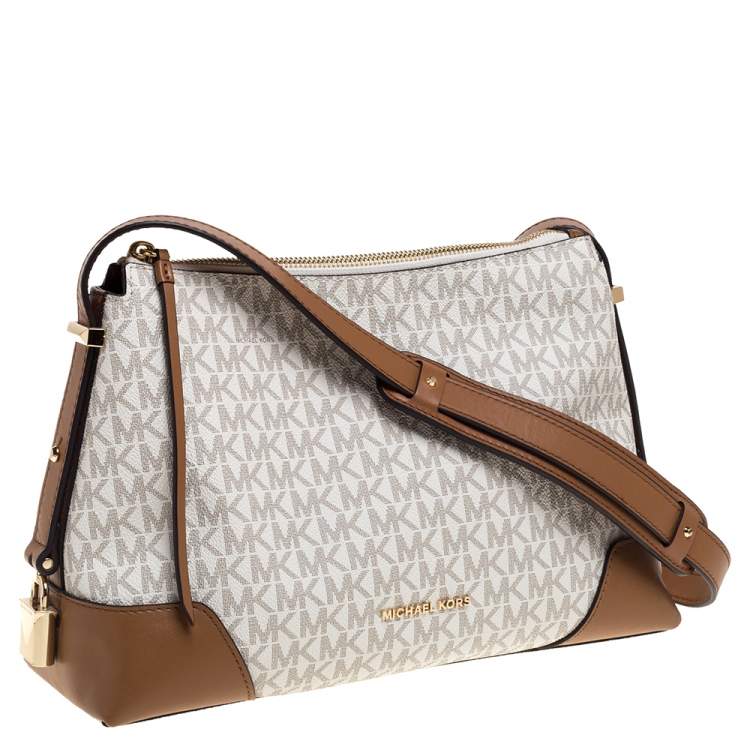 Pre Owned Michael Kors White Signature Coated Canvas and Leather Medium Crosby Messenger Bag