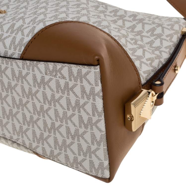 Pre Owned Michael Kors White Signature Coated Canvas and Leather Medium Crosby Messenger Bag